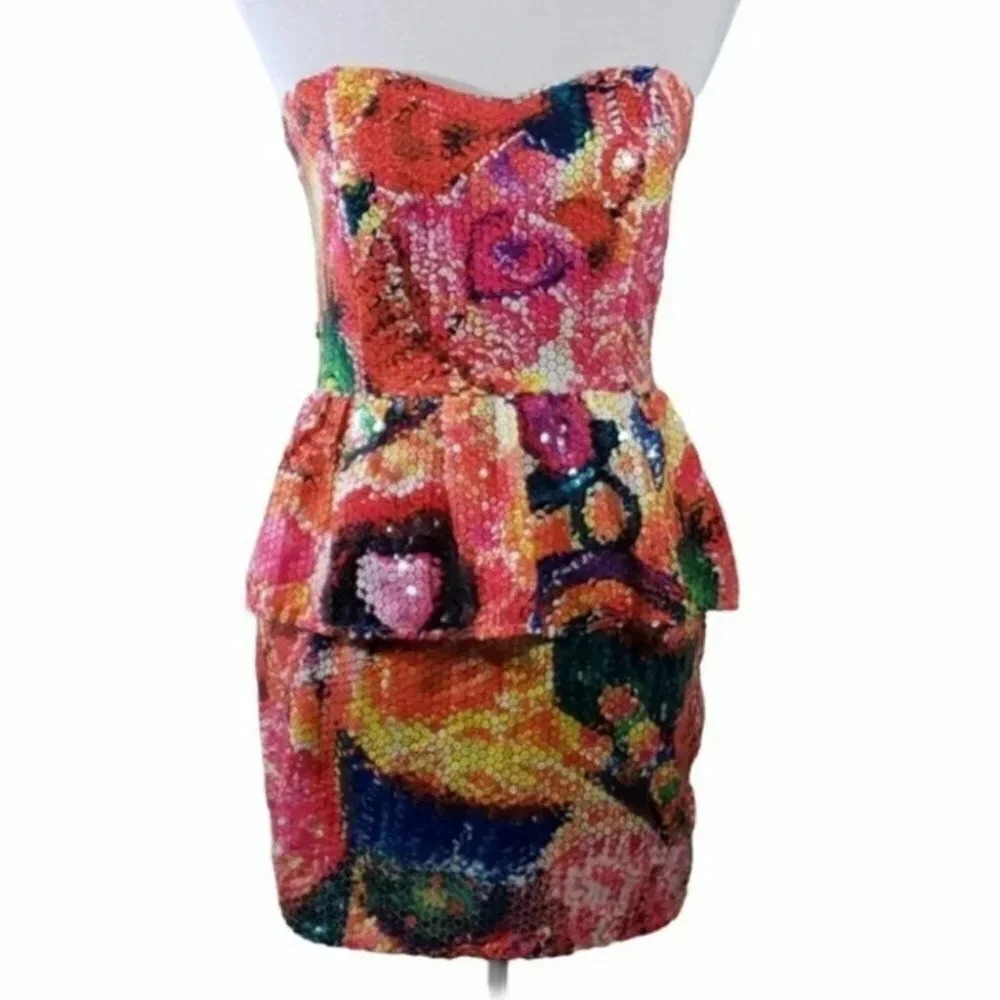 J7‎ S/M Flirty colorful full sequin strapless dress